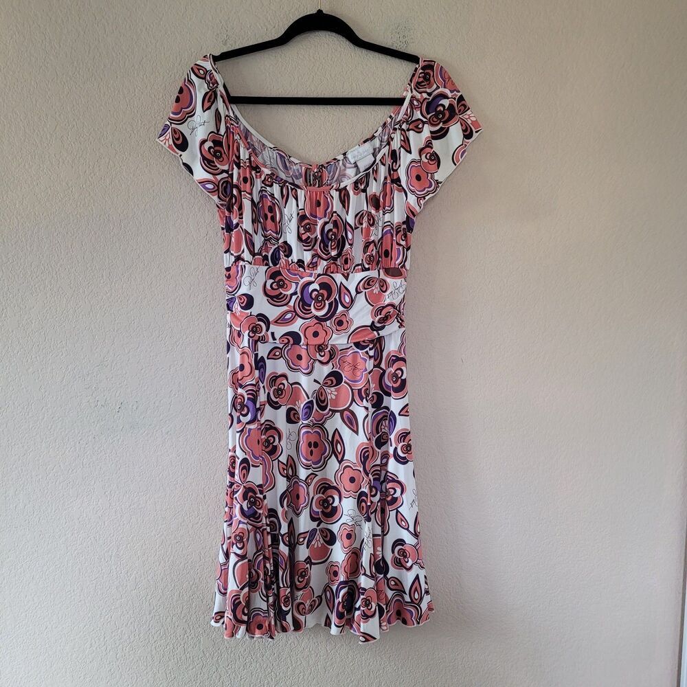 Vintage Y2K Baby Empire Waist Mini Dress sz Large Logo Floral Off Shoulder 2000s